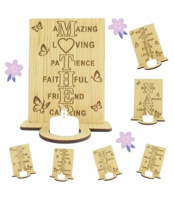 Laser Cut Oak Veneer Mothers Day Engraved Plaque on a Tealight Holder Stand - Options